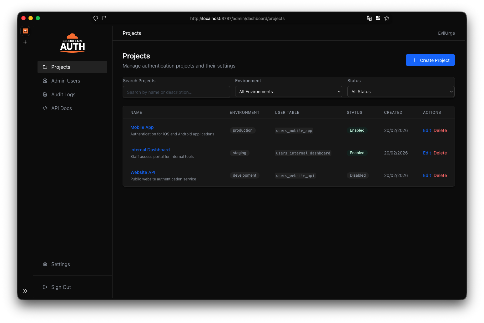 Projects Dashboard (Dark)
